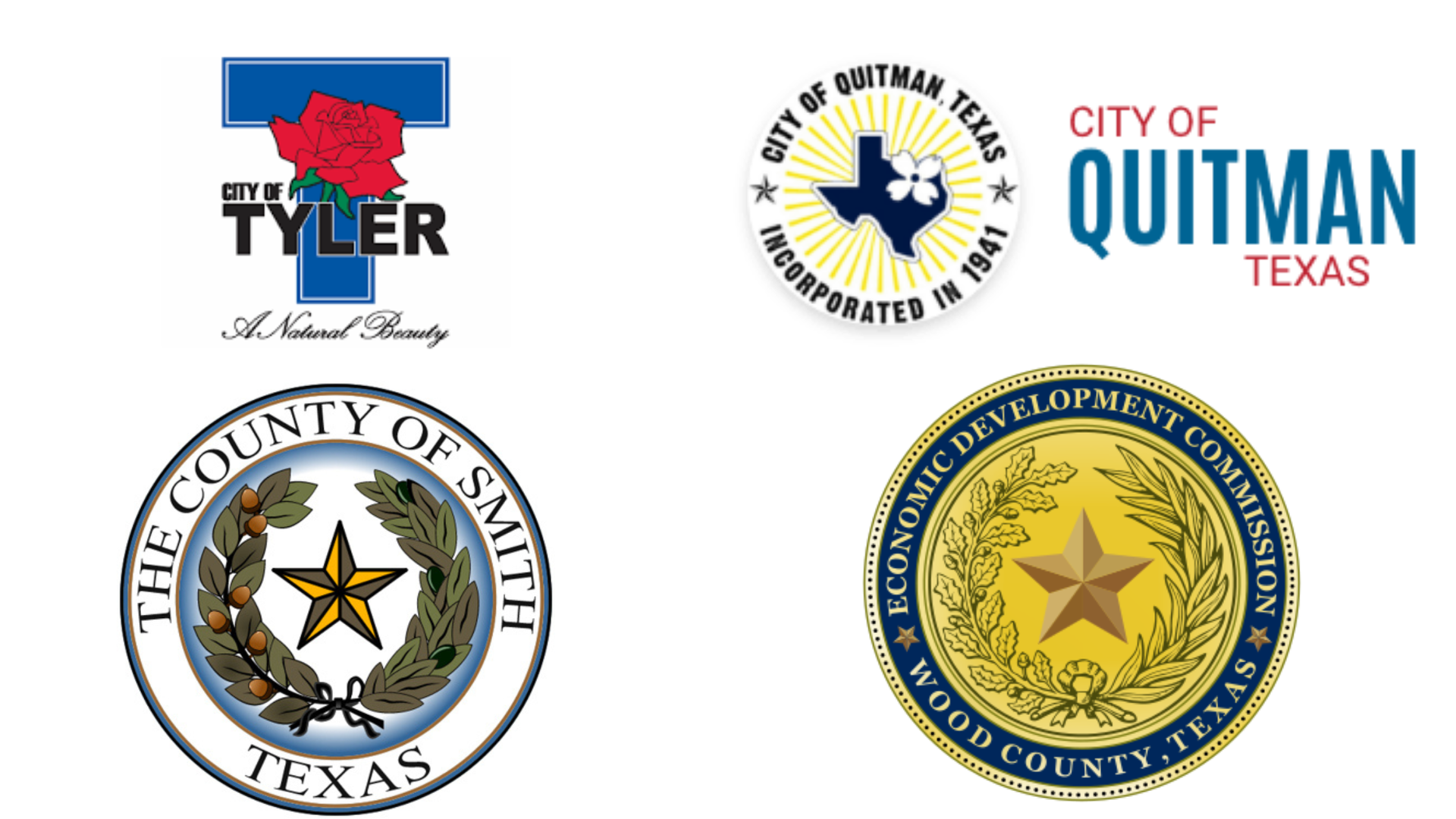 City and county seals and logos: Tyler, Quitman, Smith County, and economic development badge on white background