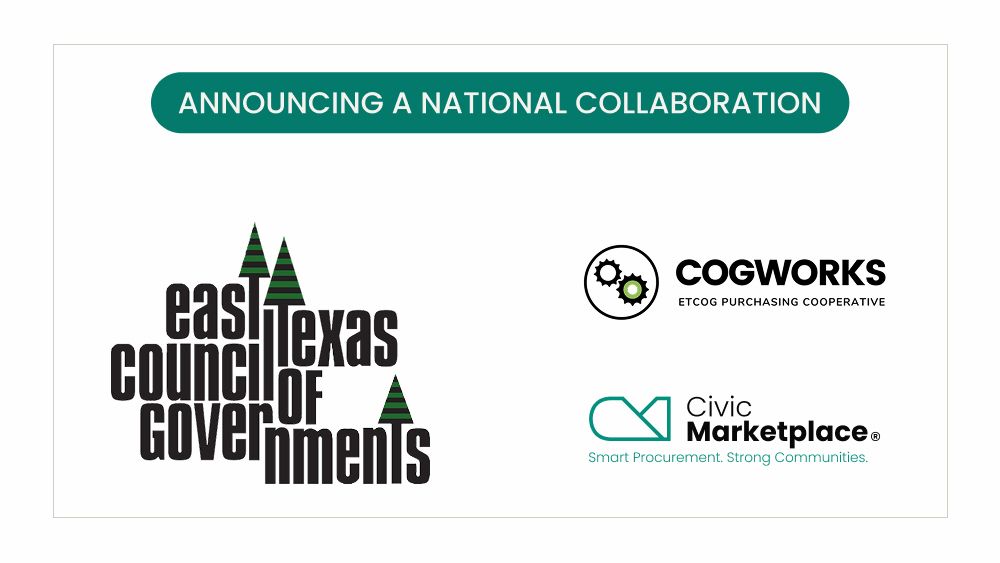 Banner announcing a national collaboration with East Texas Council of Governments, Cogworks, and Civic Marketplace logos