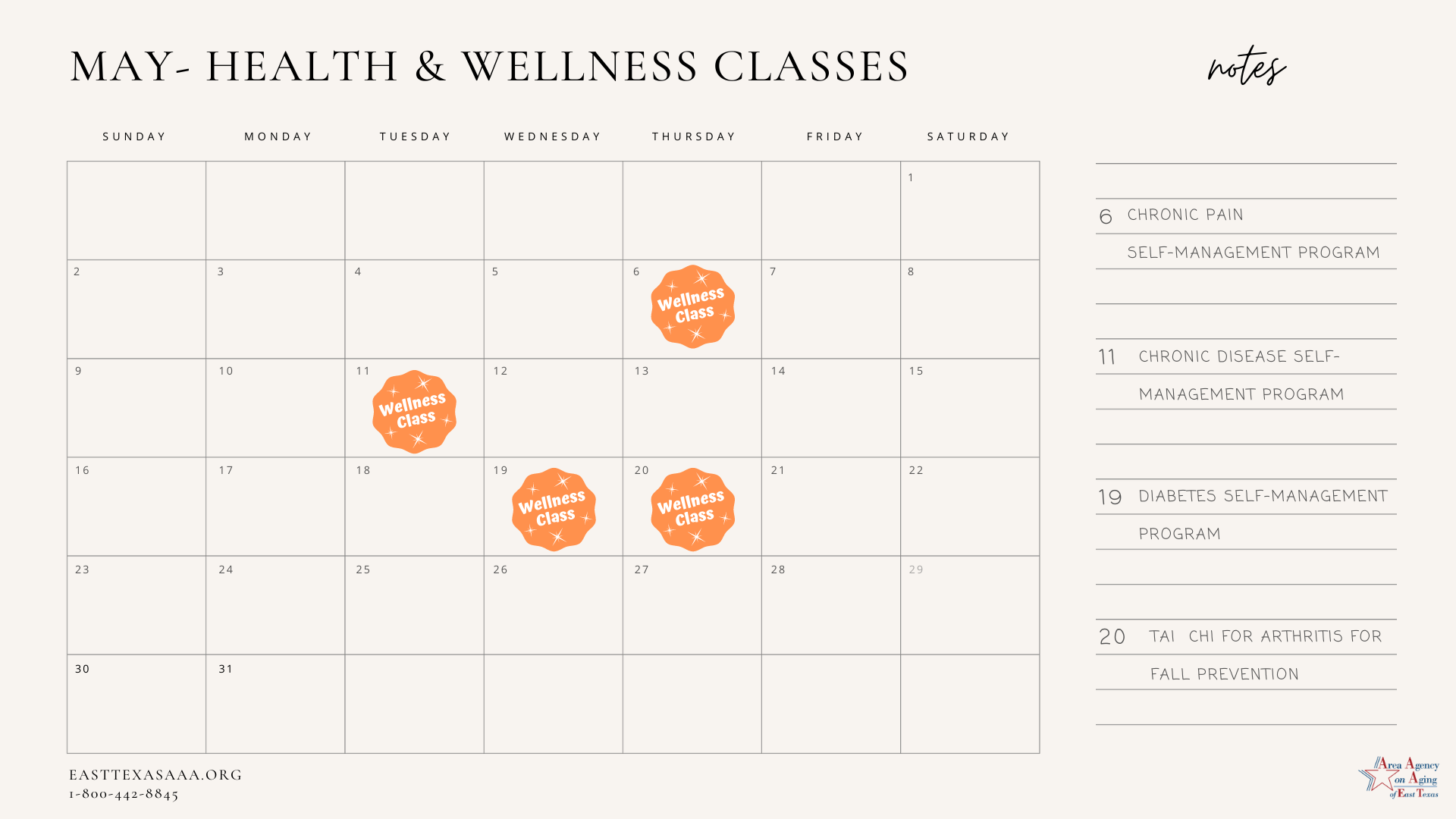 A calendar with a list of health and wellness classes for may.