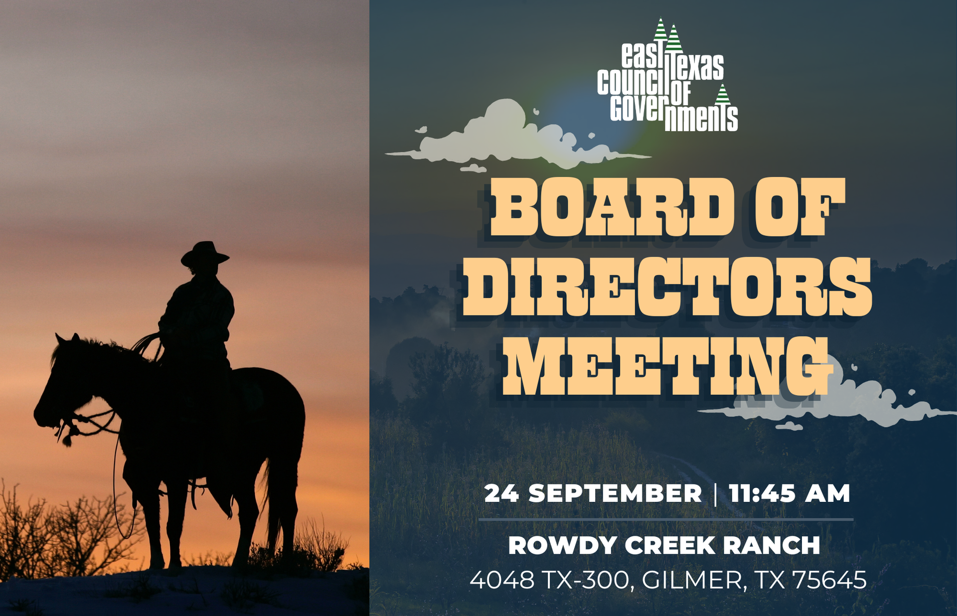 Silhouette of cowboy on horseback at sunset beside event poster reading “Board of Directors Melting”