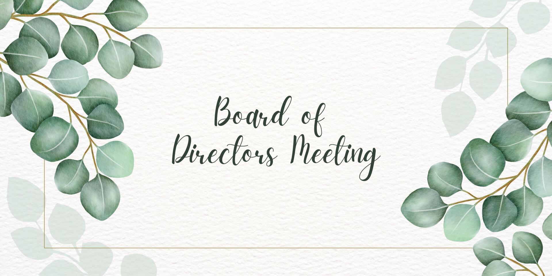A board of directors meeting invitation with eucalyptus leaves on a white background.