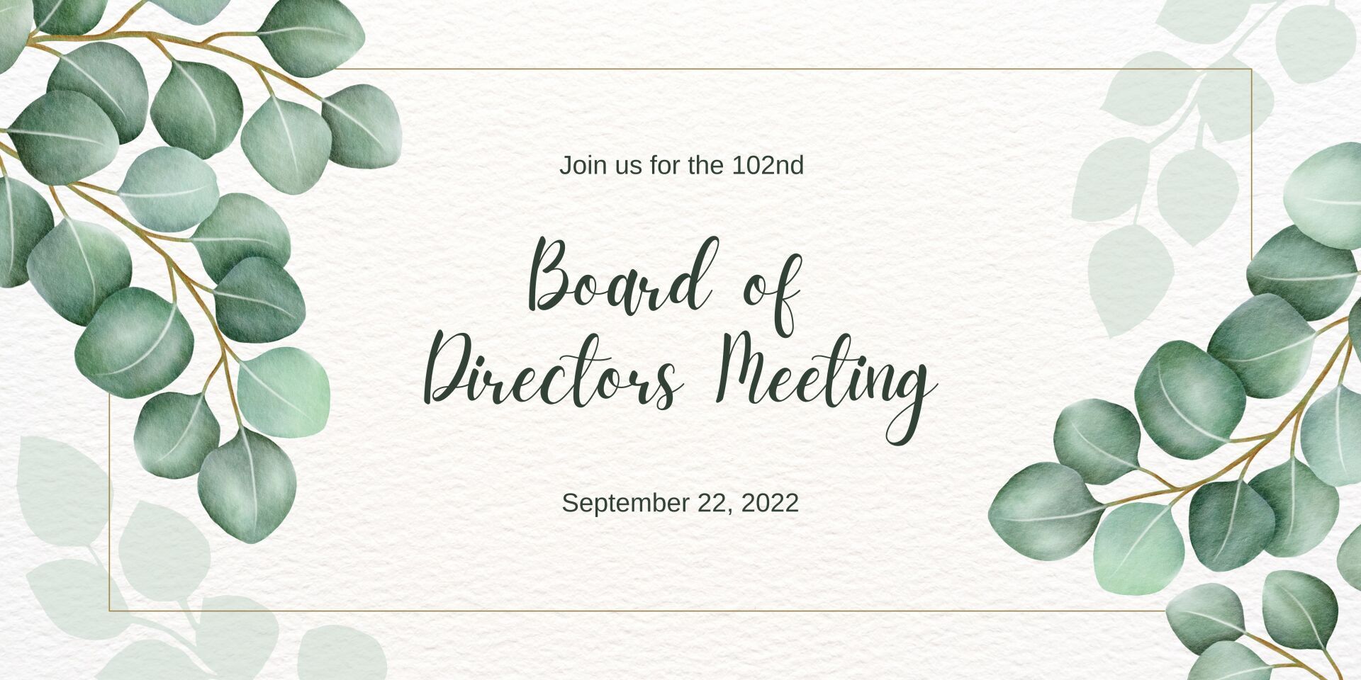A board of directors meeting invitation with eucalyptus leaves on a white background.