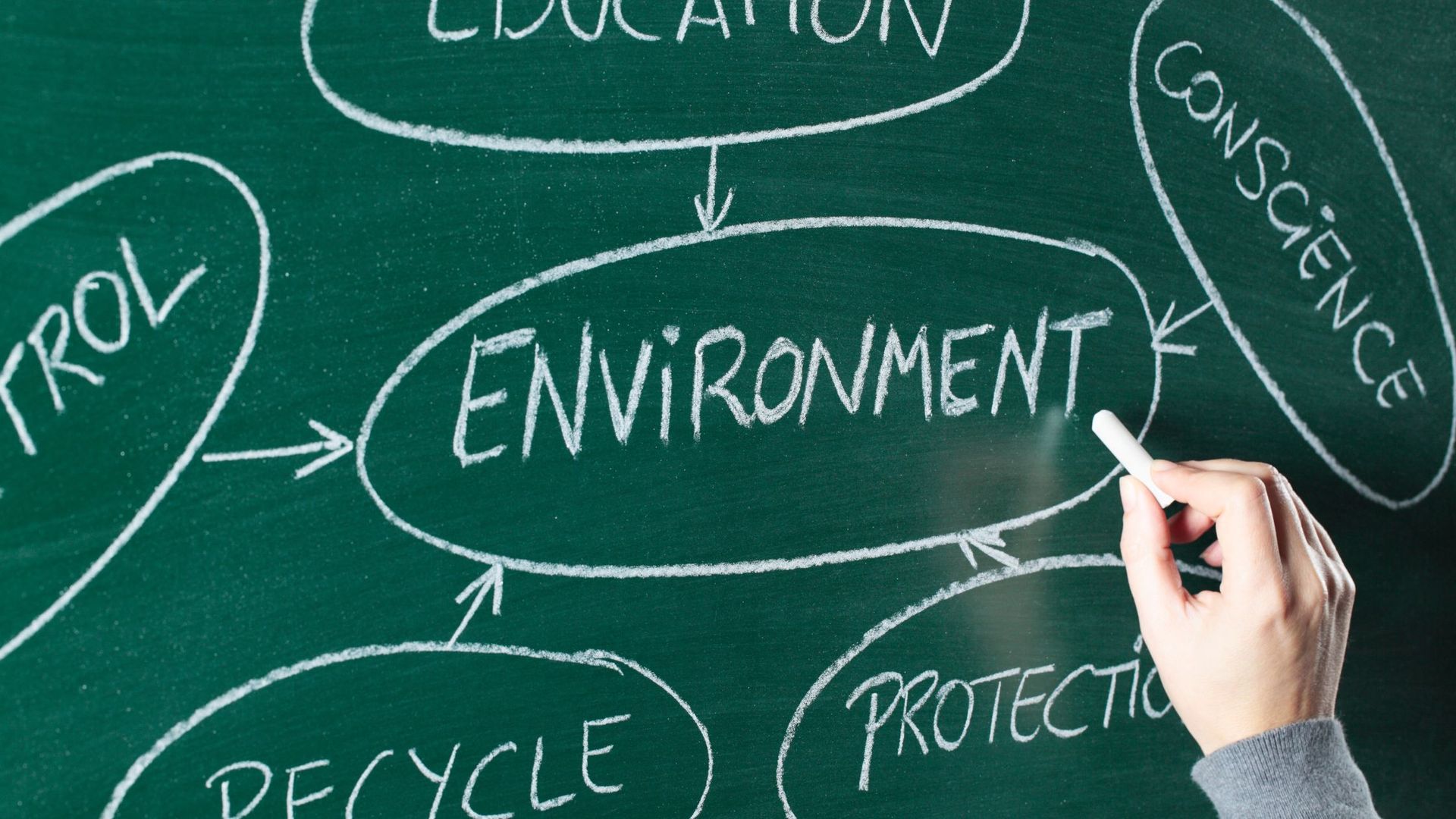 A person is writing the word environment on a blackboard
