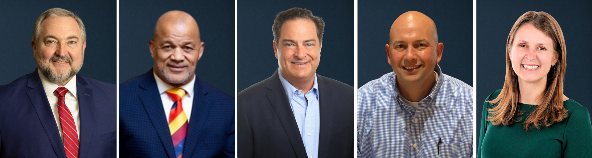 Five professional headshots in a row on blue, gray, and green backgrounds.