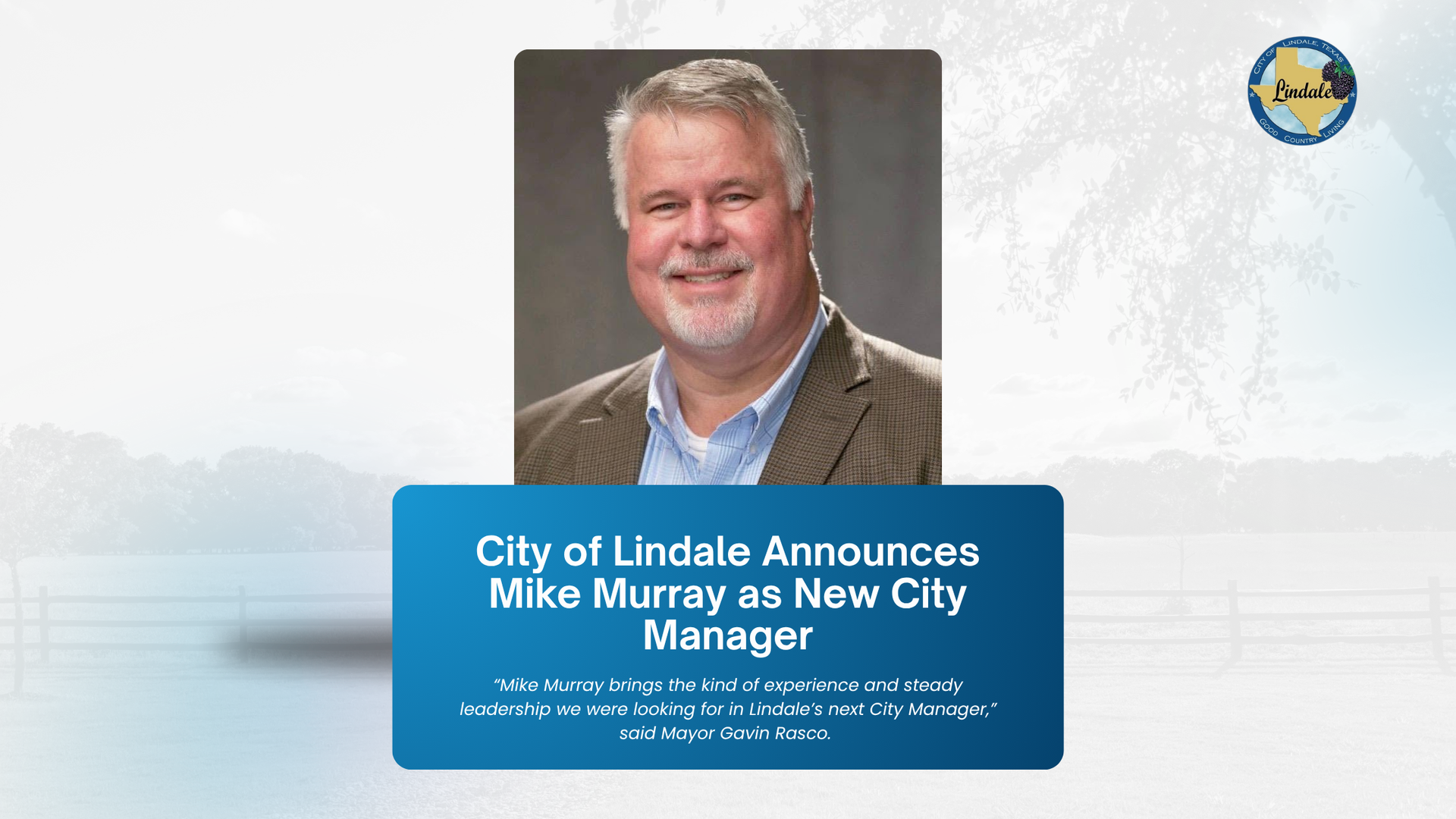 City of Lubbock announcement card for Mike Murray as new city manager, with his portrait and blue text panel