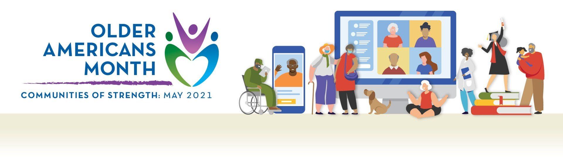 A banner for older americans month with a group of people standing around a computer.