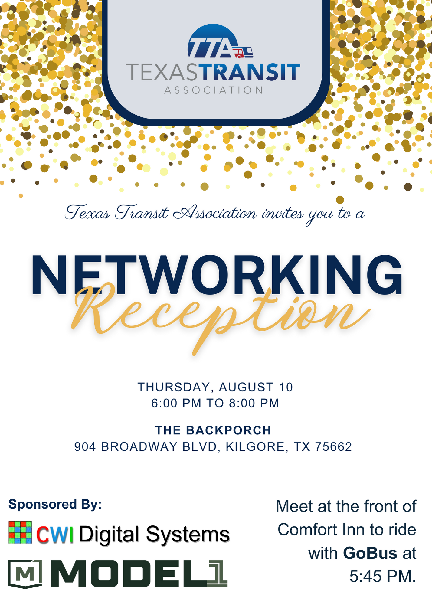 A poster for a texas transit association networking reception.