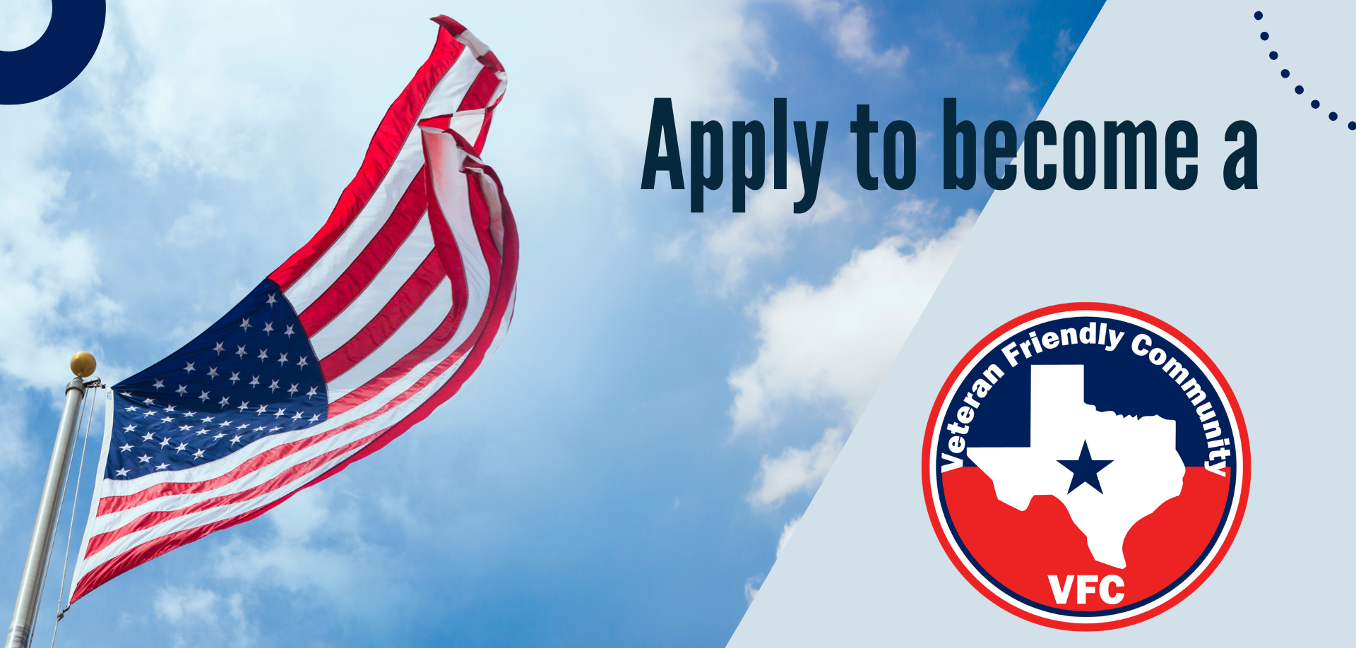 Apply to become a volunteer firefighter, with a waving American flag and VFC badge on a blue sky background