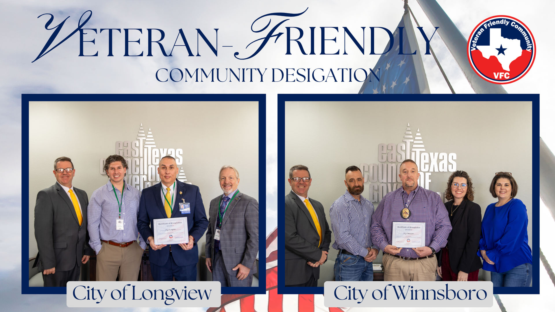 Groups pose, holding certificates, in front of signs reading