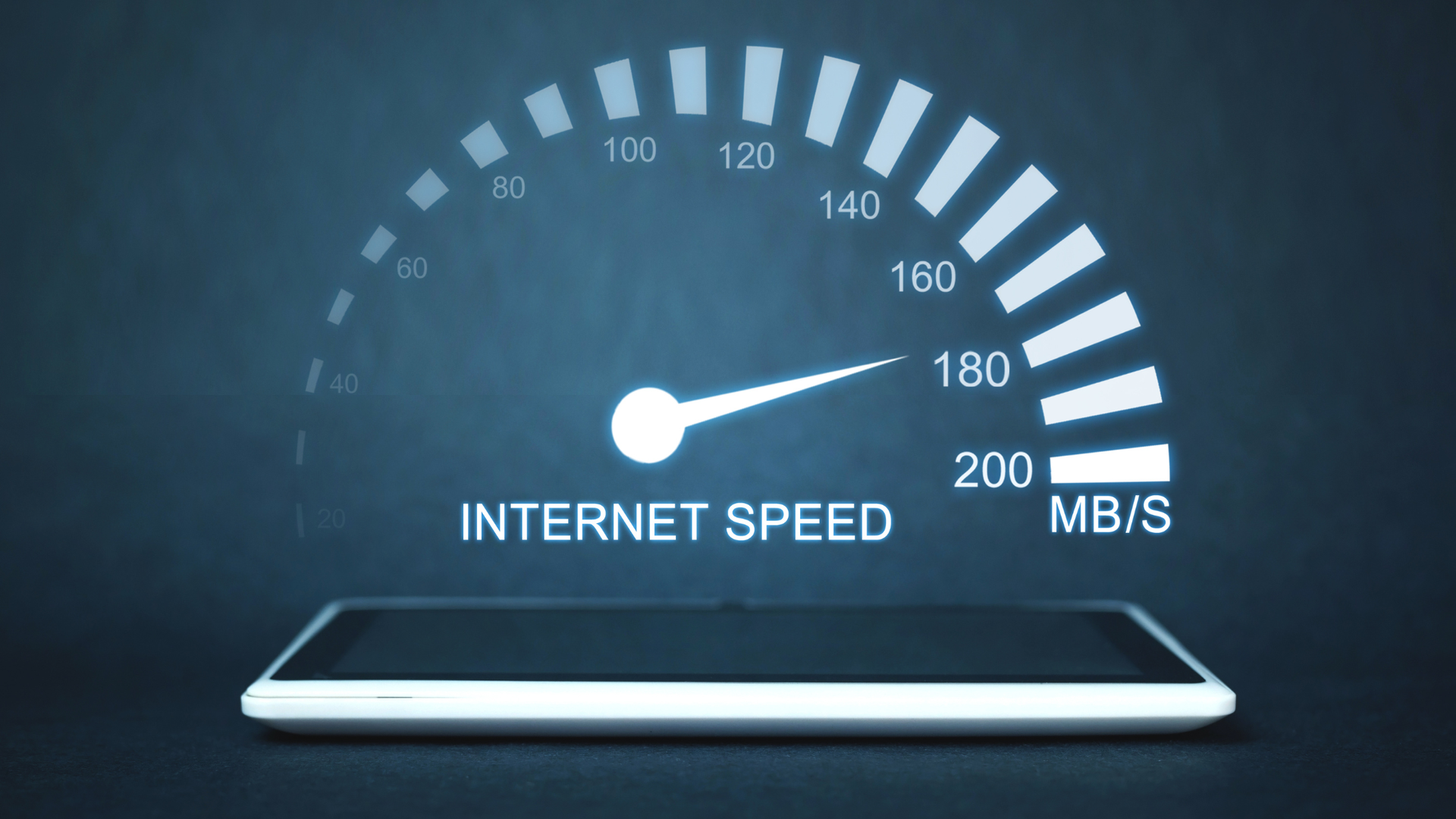 Tablet with internet speed gauge showing 160 MB/s. Blue and white colors.