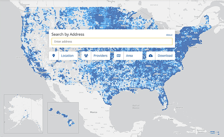 A blue and white map of the united states with a search bar.