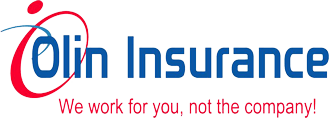 Olin Insurance logo in blue and red with tagline, &ldquo;We work for you, not the company!&rdquo;