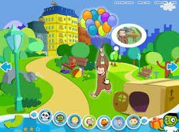 A cartoon of a monkey holding balloons in a park.