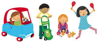 A group of children are playing with toys and a car.
