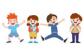 A group of children with backpacks are jumping in the air.