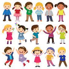 A set of cartoon children standing next to each other on a white background.