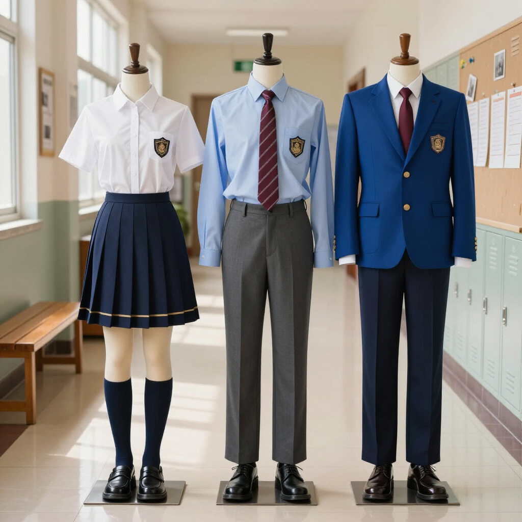 maniquíes en un pasillo: camisa blanca con falda azul marino, camisa de rayas con pantalón gris, chaqueta azul con corbata.
