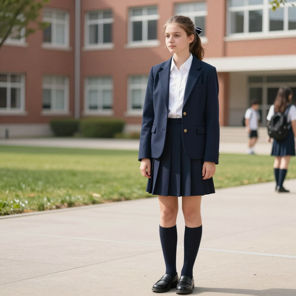 Estudiante con chaqueta y falda azul marino de pie frente a un edificio escolar en una acera.