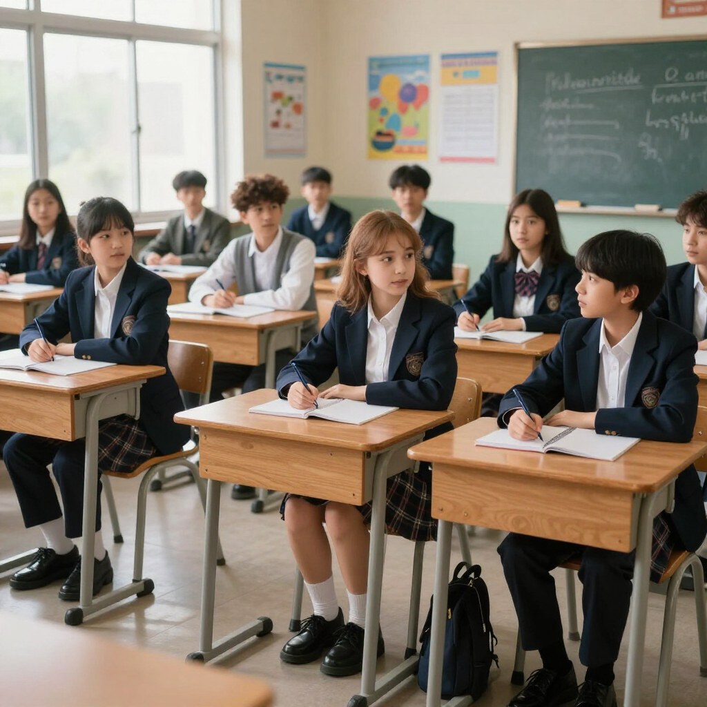Alumnos sentados en pupitres en un aula, con una pizarra y grandes ventanales al fondo.