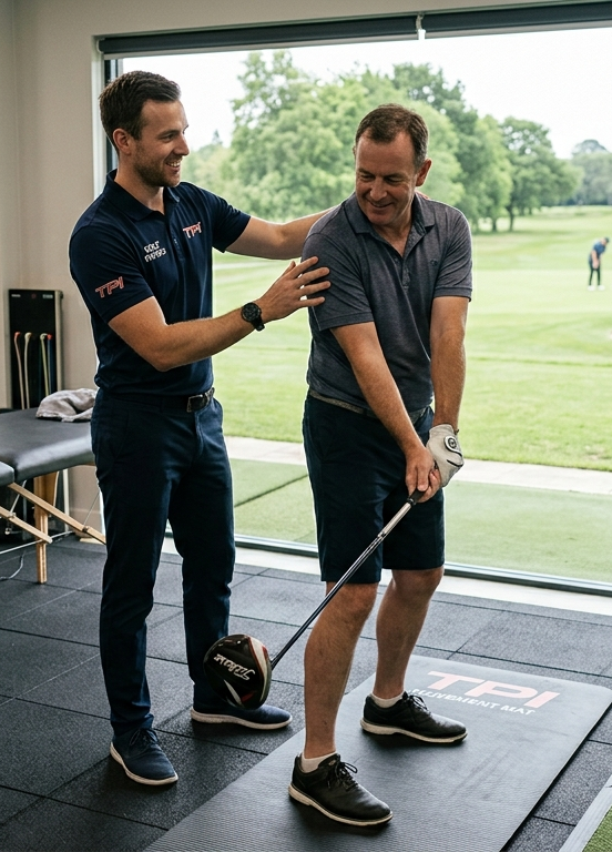 Two men indoors on a golf simulator, one coaching the other’s swing at a driving range