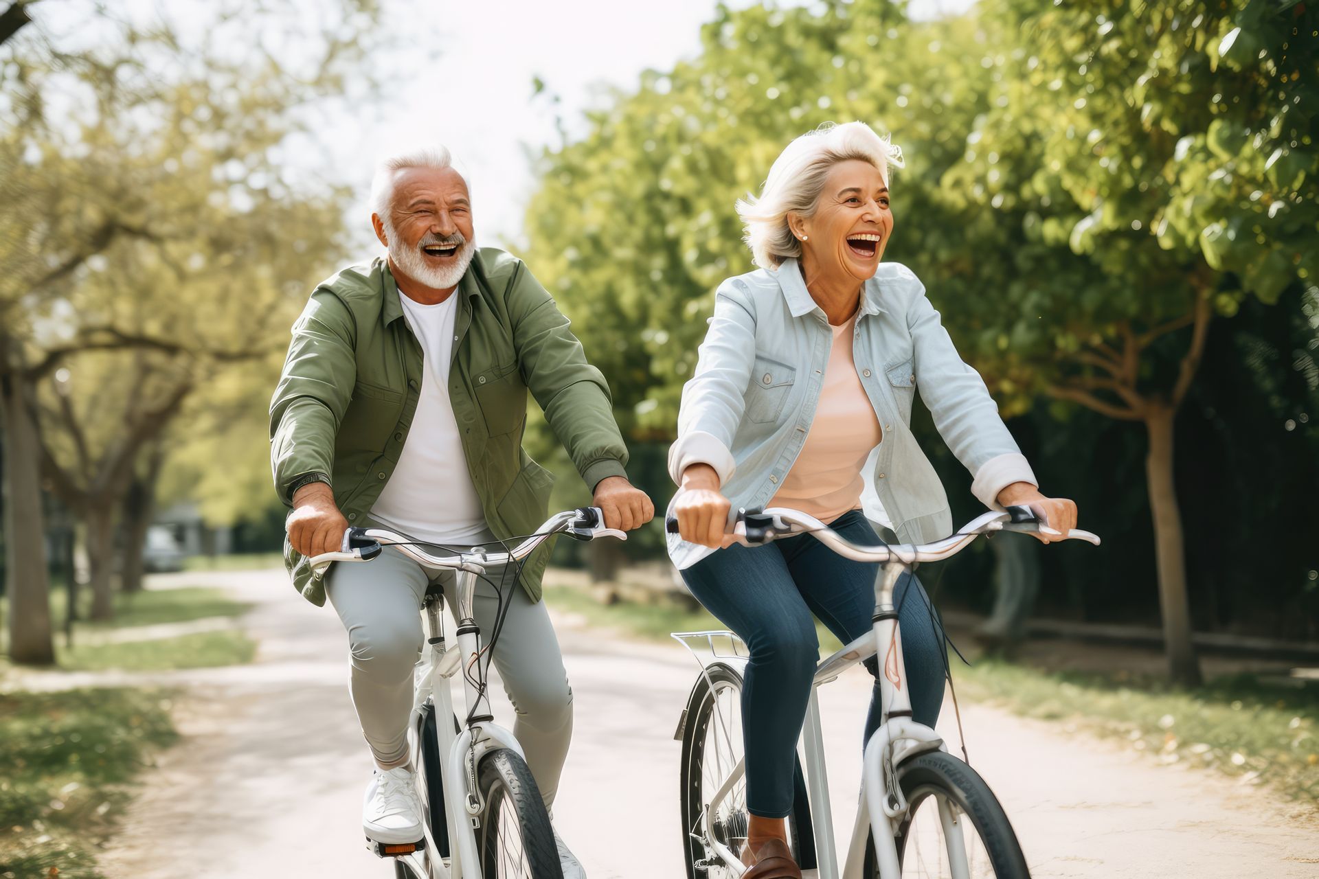 Two smiling people riding bicycles on a sunny park path