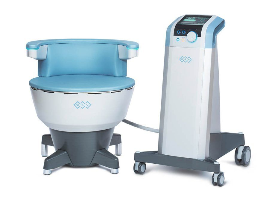 Blue and white medical spa treatment chair beside a matching rolling machine console
