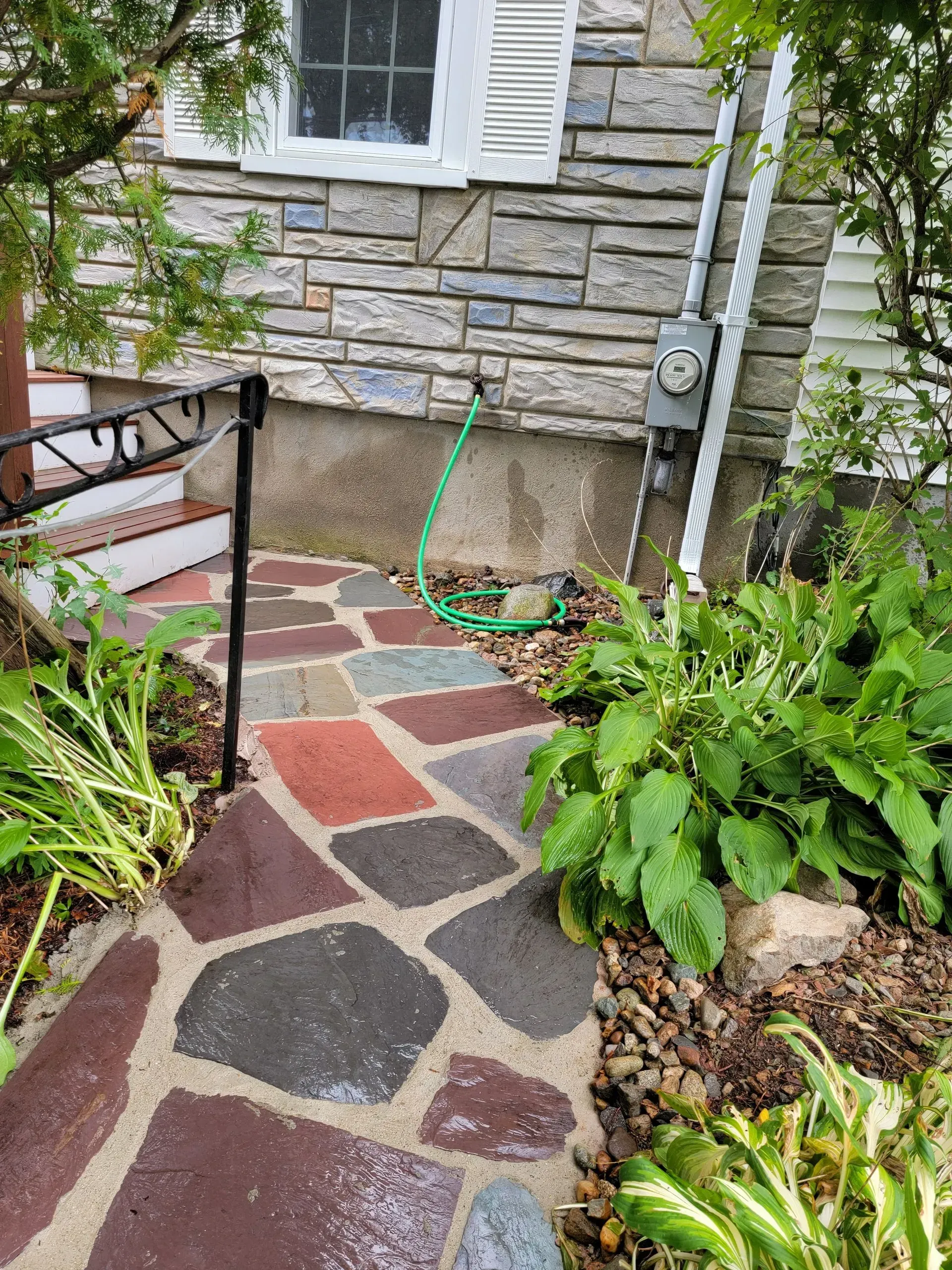 Stone path leading to house with stone facade, green plants on either side.