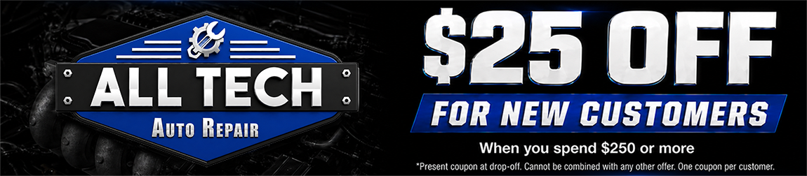 All Tech Repair banner with $25 off for new customers on a dark blue background.