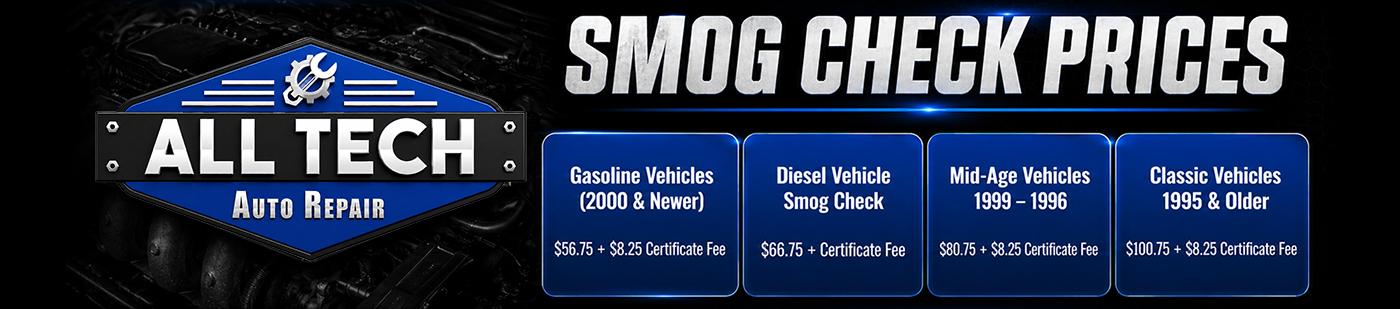 Blue-and-black banner advertising All Tech Repair smog check prices and service packages