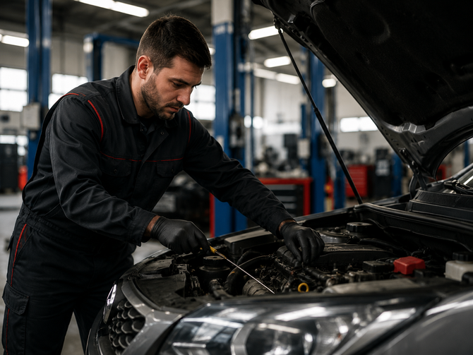 Un meccanico ispeziona il motore di un'auto in un'officina con il cofano aperto.
