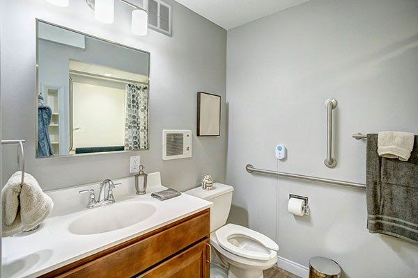 Bathroom with accessible features: grab bars, sink, toilet, and towel rack; light gray walls.
