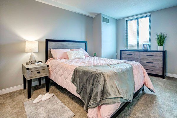 Bedroom with a bed, nightstand, and dresser. Pink bedding, gray walls, and a window.