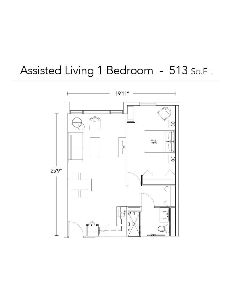 Floor plan of an assisted living 1-bedroom apartment, showing the layout of the room with labeled spaces.