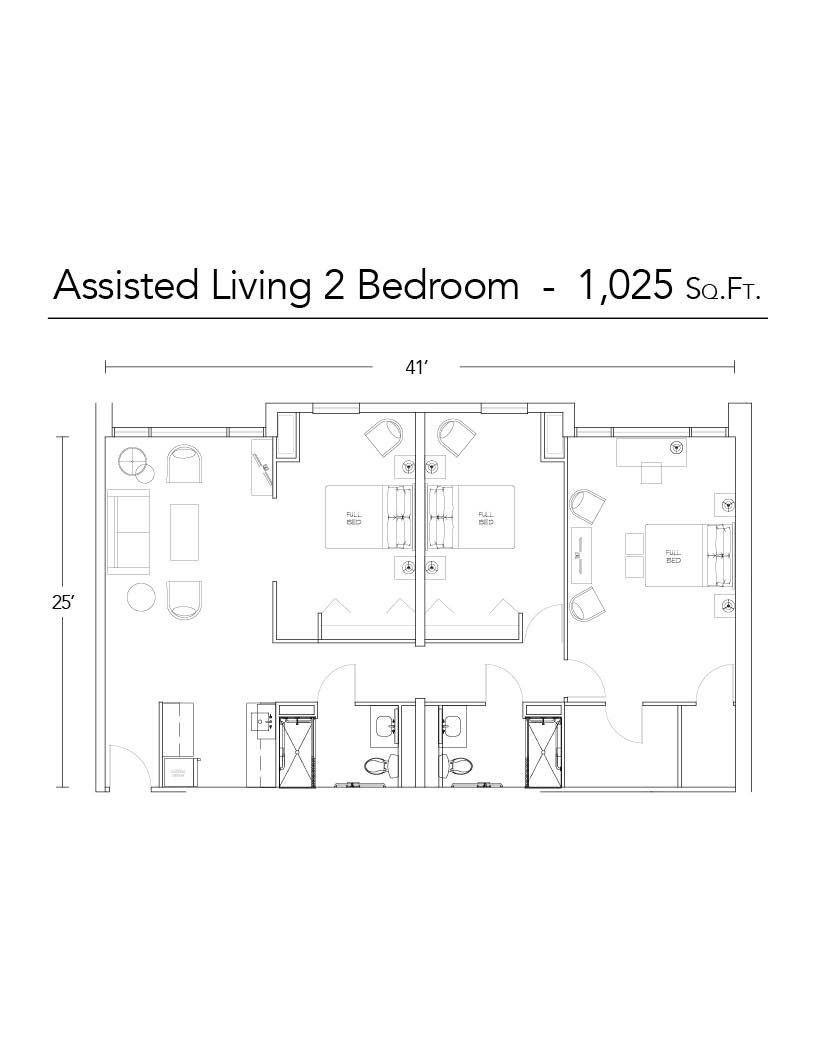 Floor plan of an assisted living 2-bedroom unit, showing layout with furniture, labeled 