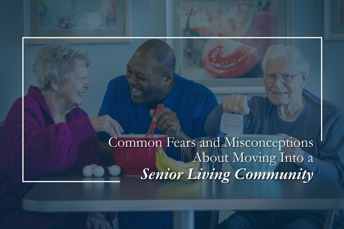Seniors chatting at a table in a community room with the text “Common Facts and Misconceptions About Moving to Senior Living Community.”
