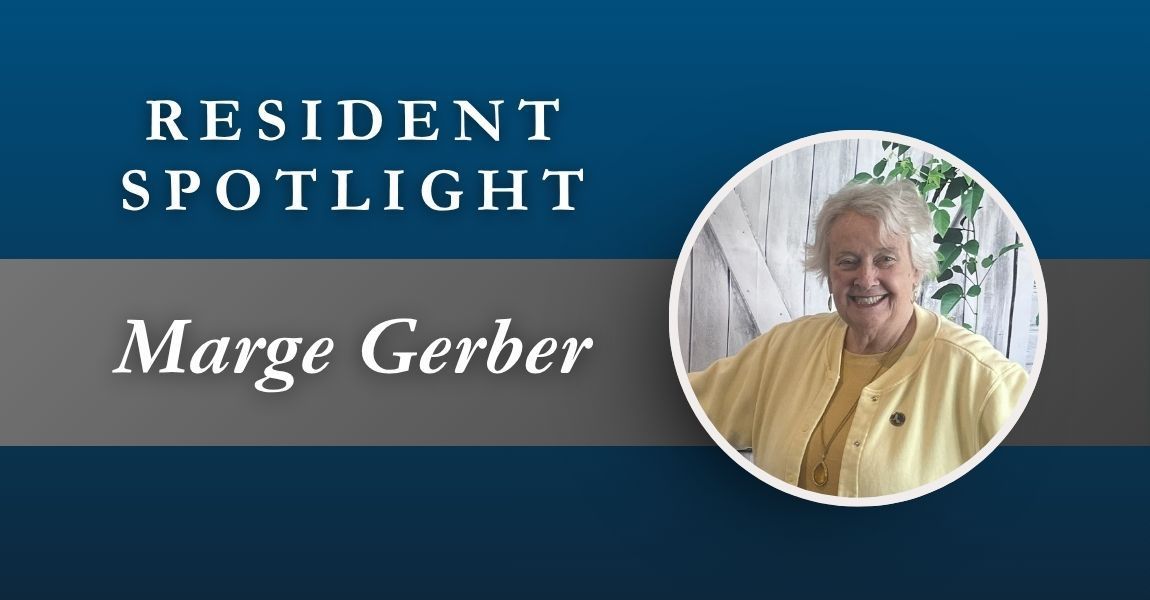 Resident Spotlight banner with the name Marge Gerber and a circular portrait on a blue background
