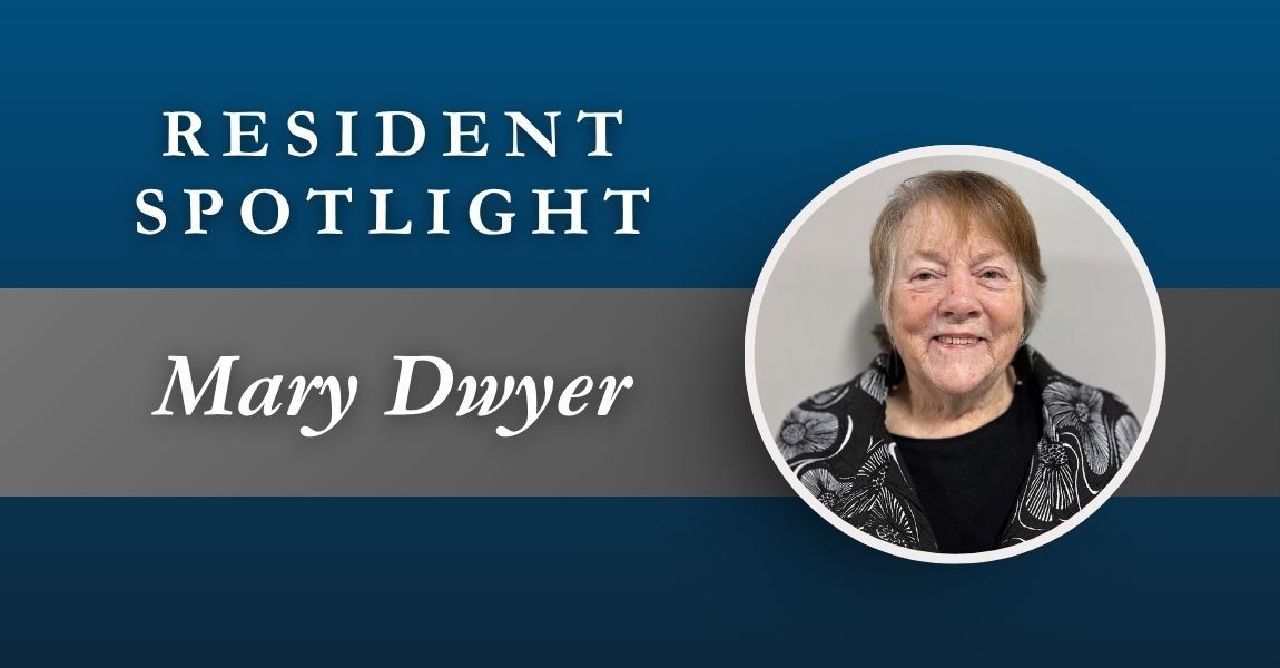 Resident spotlight banner with Mary Dwyer’s portrait on a blue background