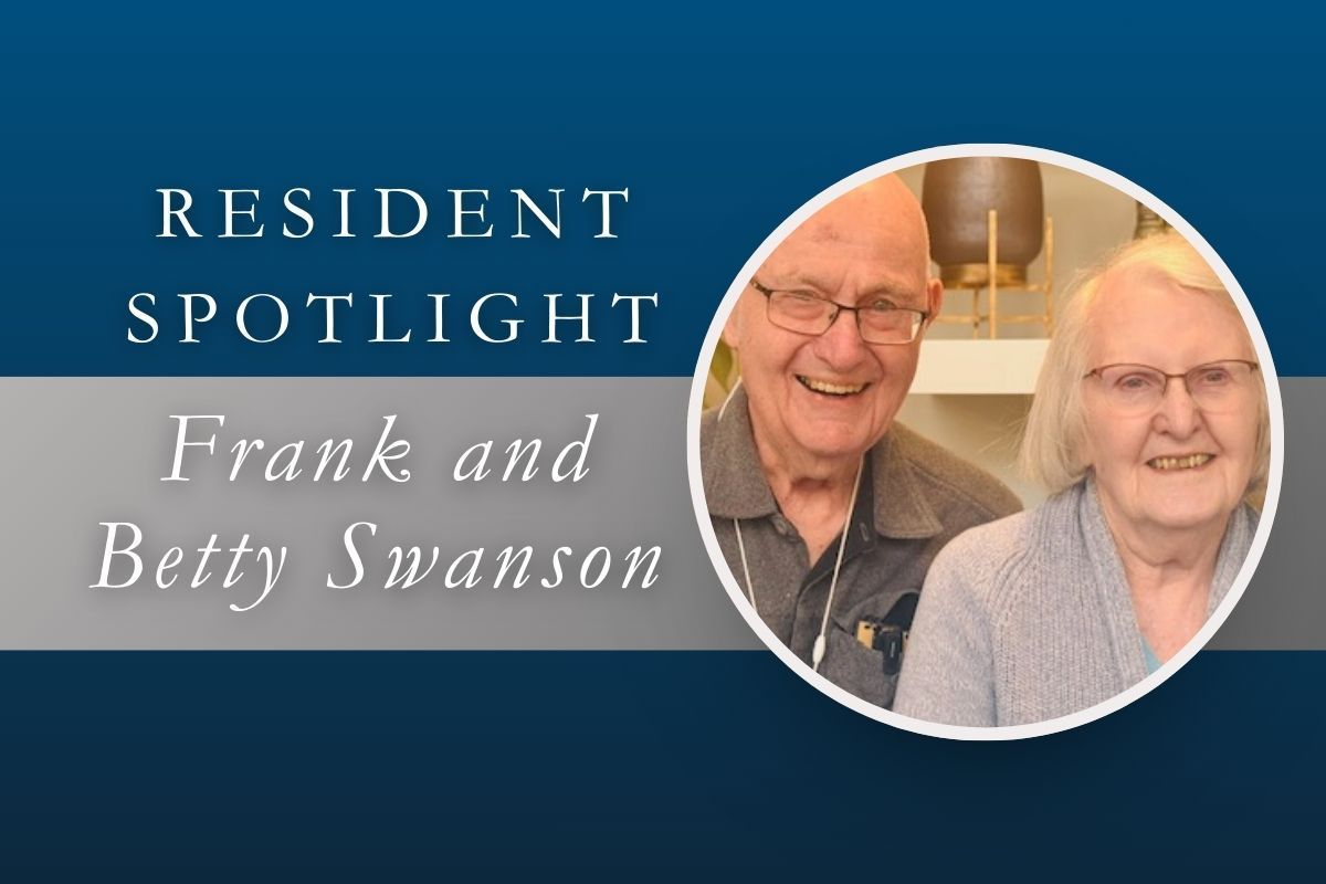 Resident Spotlight featuring Frank and Betty Swanson, with a circular photo of them smiling against a blue background.