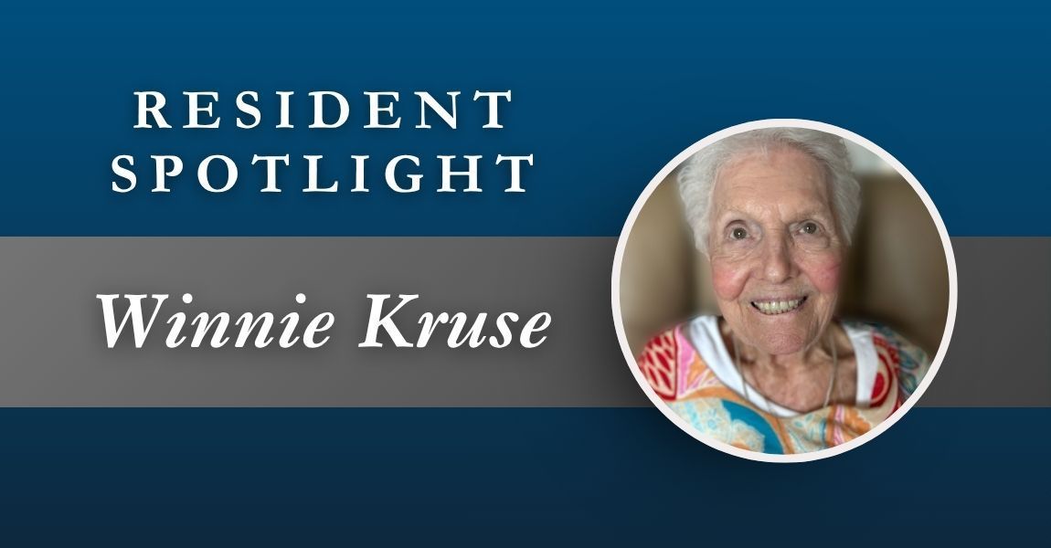 Resident Spotlight banner with a smiling portrait and the name Winnie Kruse on a blue background