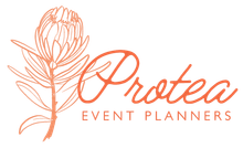 Orange Protea flower illustration with "Protea Event Planners" text.