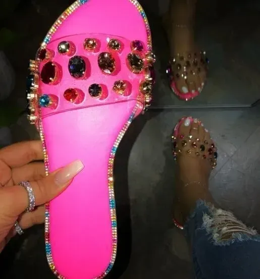 Women Pink Allover Rhinestone Slide Sandals