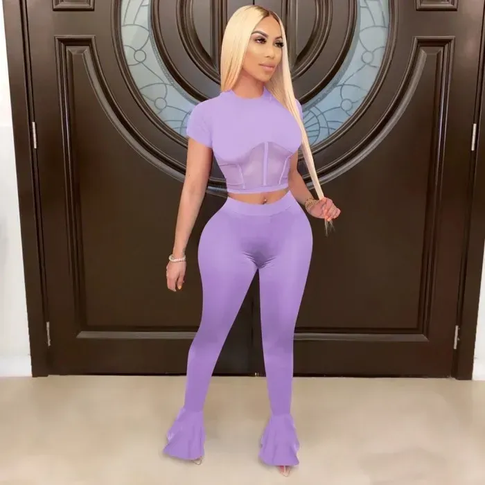 Purple 2pcs Women Casual Short Sleeve Top And Pants Set