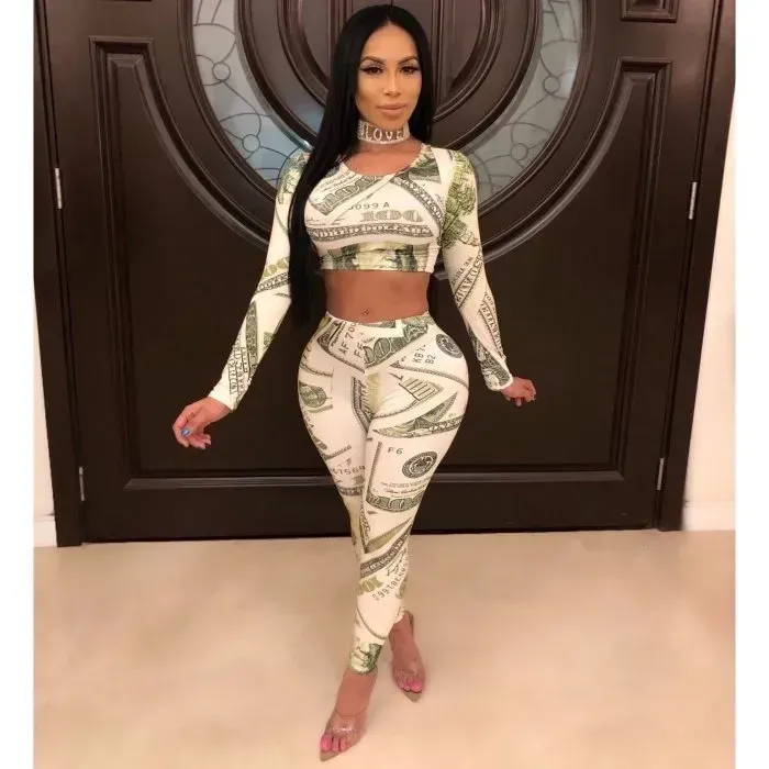 2 Pieces Set Club Women Dollar Bill Printing Slim Bodycon Crop Top Pants Set