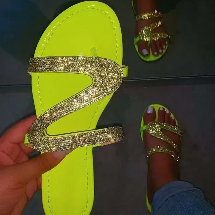 Women Rhinestone Decor Flat Sandals, Glamorous Summer Slide Sandals