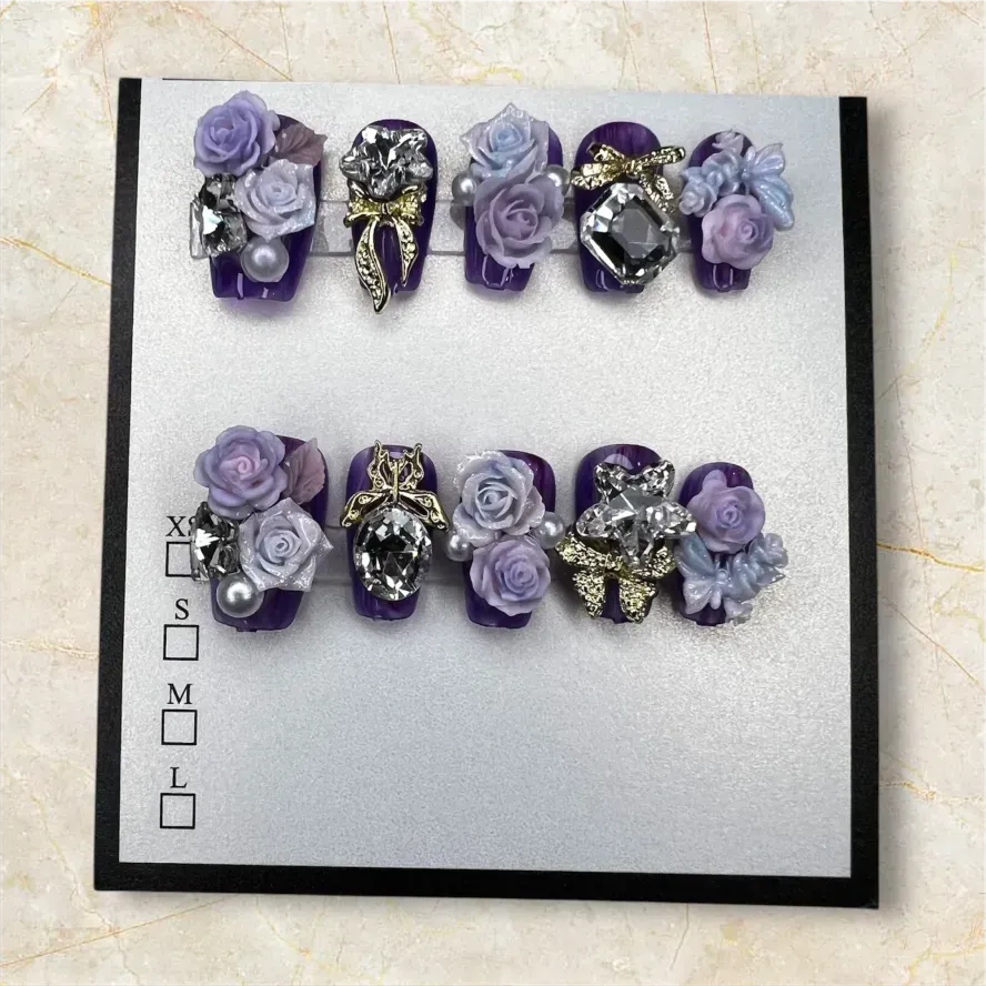 (COLOR-GRAPE) Press-On Nails (Rhinestone) SIZE- MEDIUM