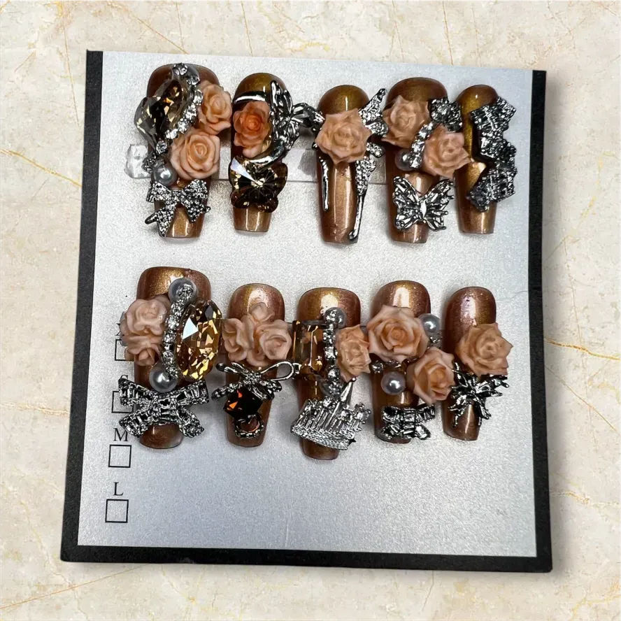 (COLOR-GHETTO GOLD) Press-on Nails (Rhinestone) SIZE- LARGE
