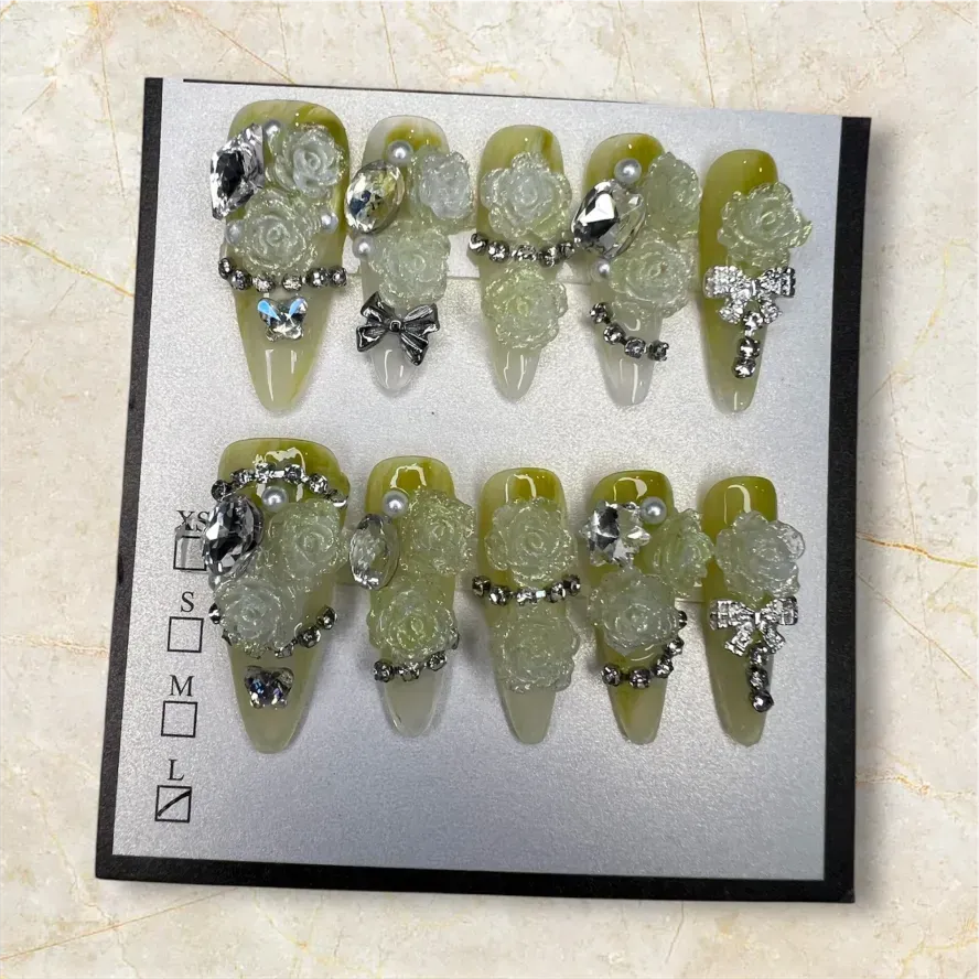 (COLOR-SANDSTORM) Press-on Nails (Rhinestone) SIZE- LARGE