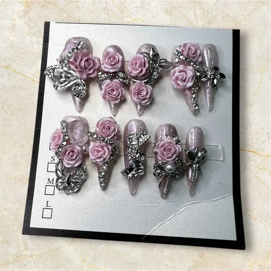(COLOR-BLUEZY BABY PINK) Press-on Nails (Rhinestone) SIZE- SMALL