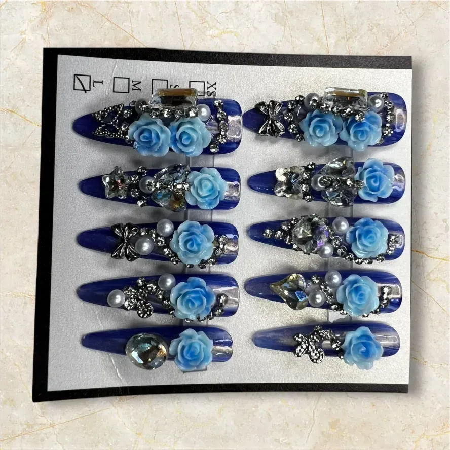 (COLOR-OCEAN BLUE) Press-On Nails (Rhinestone) Size - Large