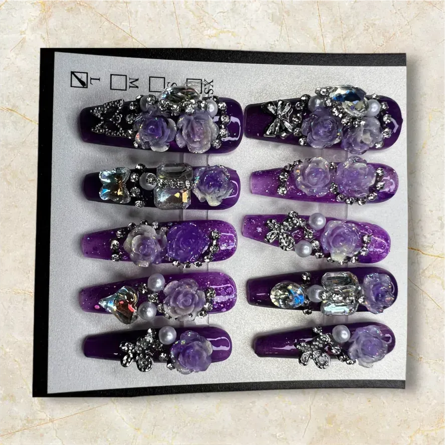 (COLOR-VIOLET) Press-On Nails (Rhinestone) Size - Large